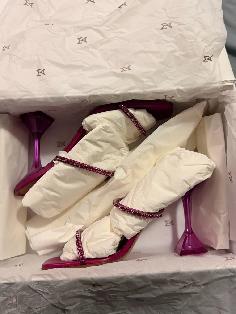 Amina Muaddi Gilda Glass Magenta Pink Heels